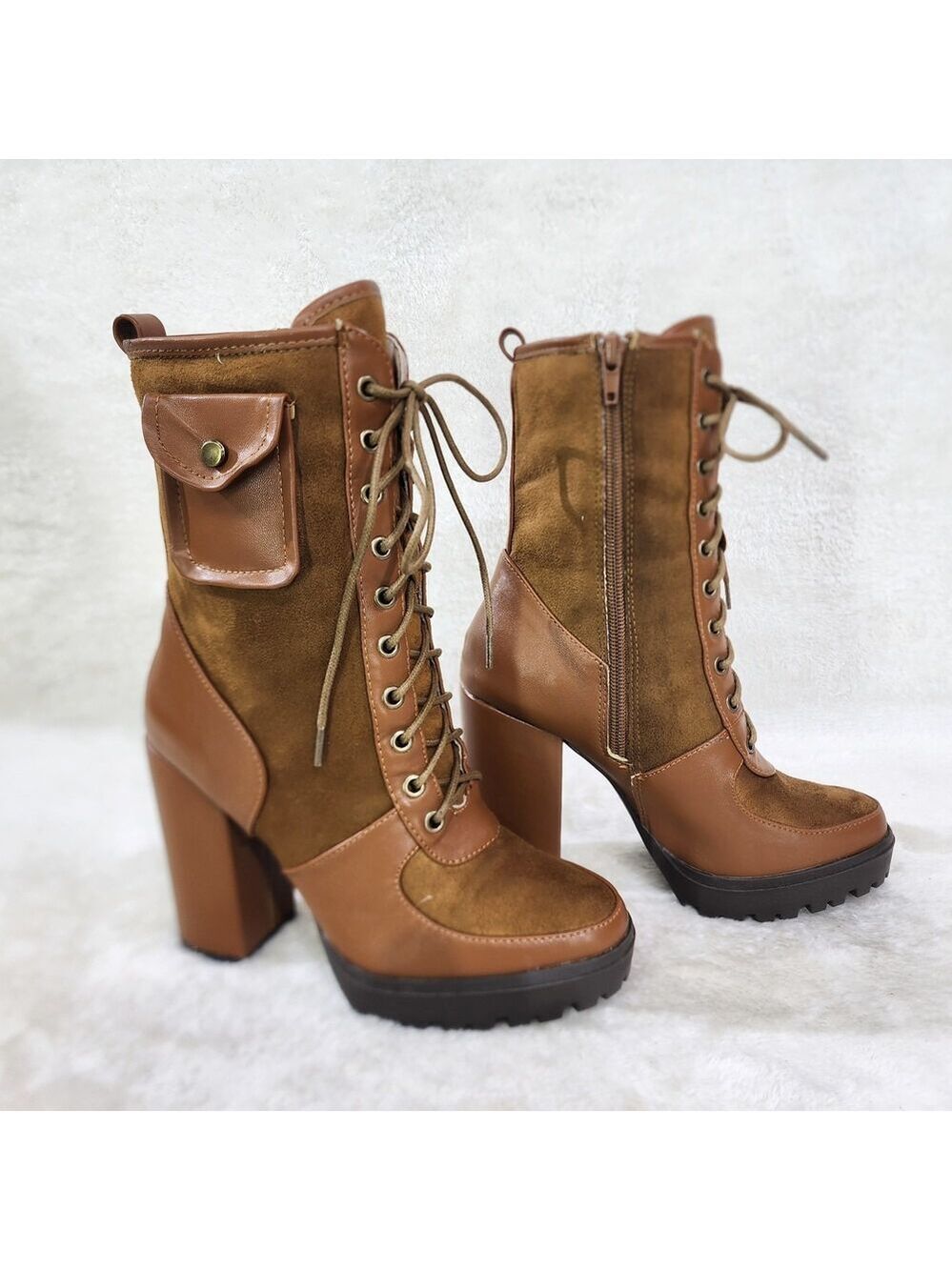 NIB Park Ave Brown / Tan Faux Suede Chunky Platform High Heel Ankle Boots - Picture 5 of 12
